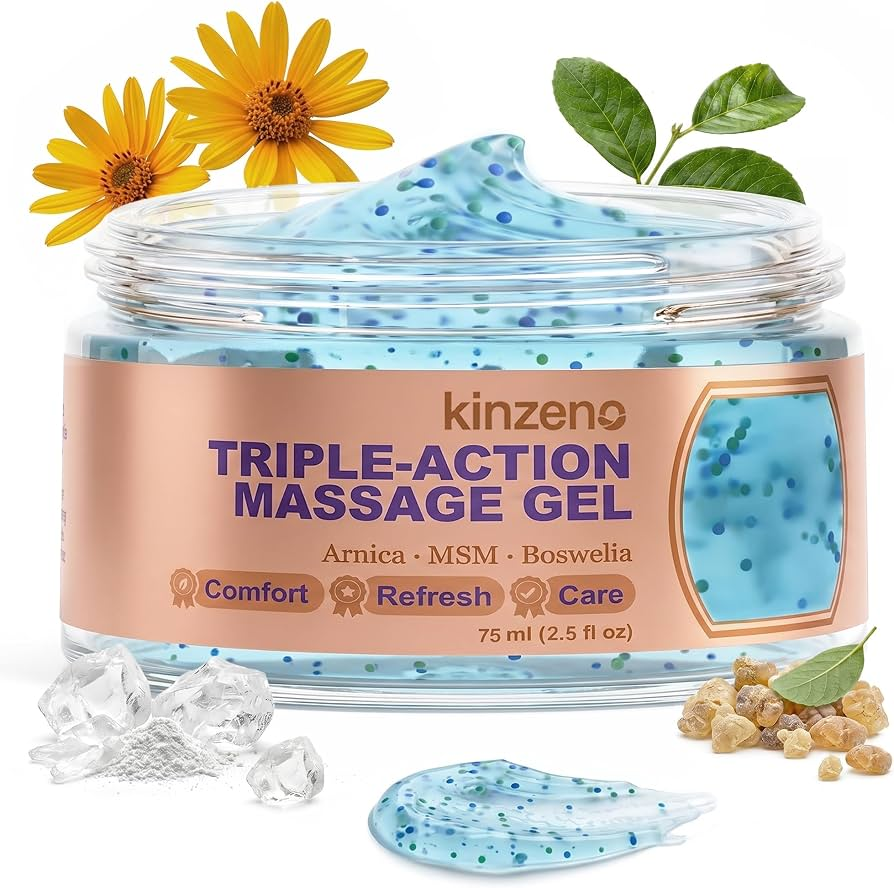 Jar of Kinzeno Triple-Action Massage Gel with arnica flowers, mint leaves and boswellia resin